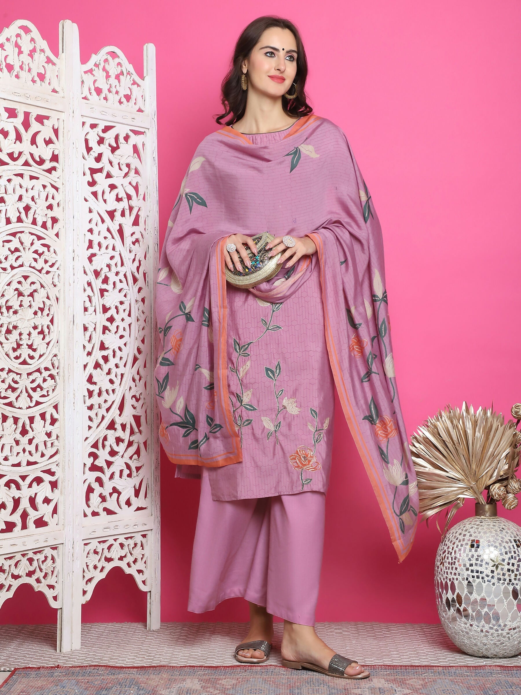 Jyoti Fashion Women's Purple Muslin Floral Print with Jari & Crystal work Kurta with Trouser & Dupatta | Swadesiicart
