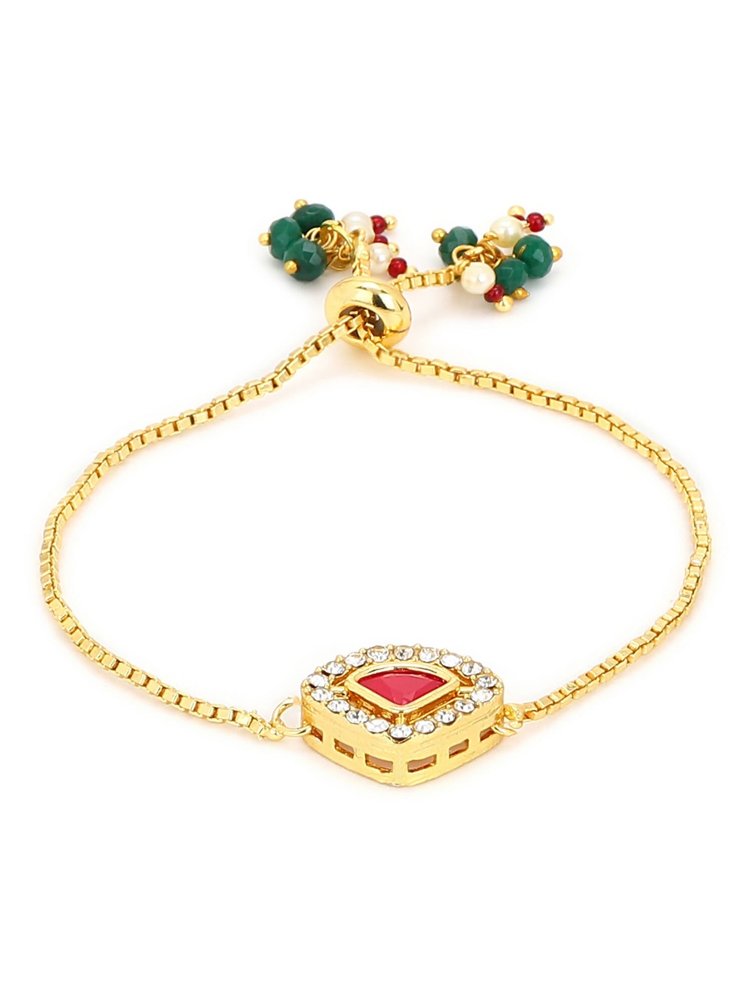 Women's Gold-Polished Pink Kundan Studded Brass Charm Bracelet - Ruby Raang - Swadesiicart