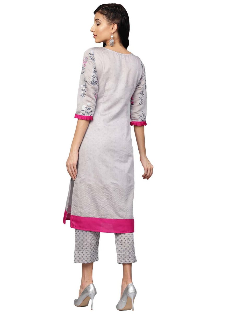 Ahalyaa Women Grey Chanderi Silk Printed Kurta Pant Set | Swadesiicart