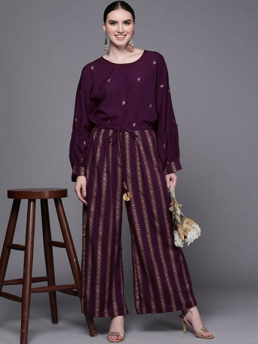 Ahalyaa Purple & Golden Printed Basic Jumpsuit - Swadesiicart