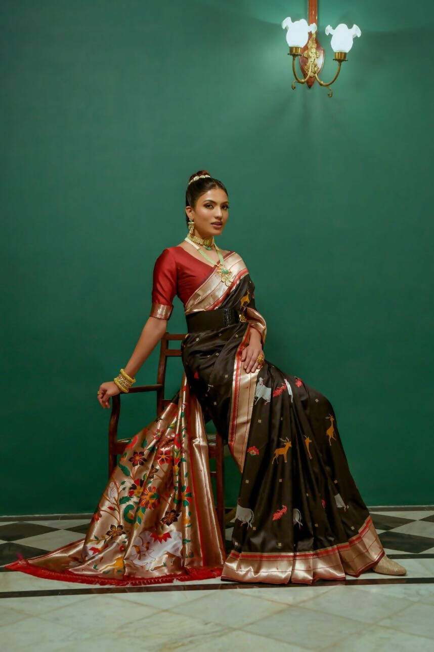 Vishnu Weaves Women's Black Paithani Silk Zari Woven Saree with Unstitched Blouse - Swadesiicart