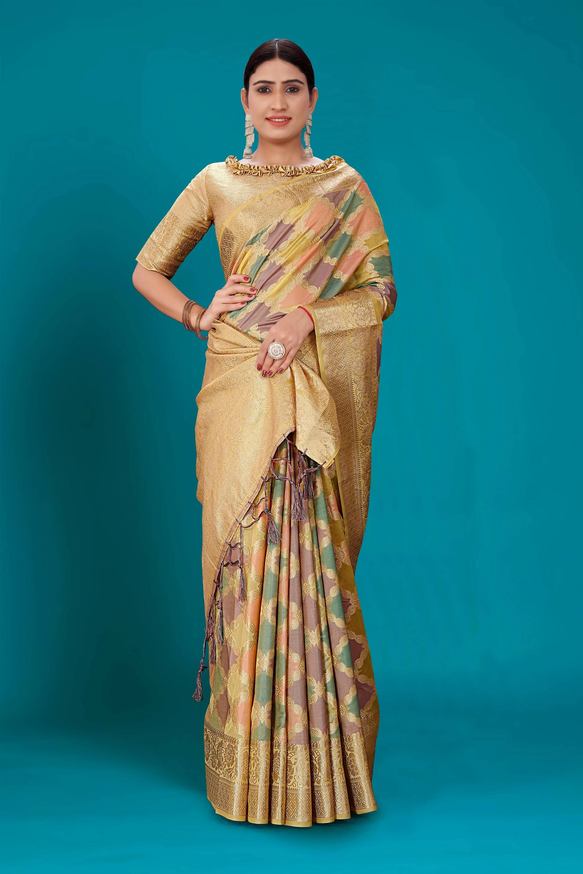 Beige Soft Organza Woven Design Saree with Unstitched Blouse Piece - Zaara