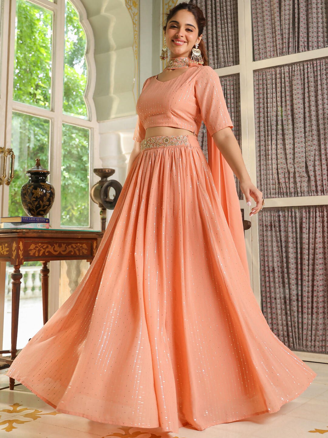 Janasya Peach Georgette Foil Print Lehenga Choli Dupatta | Swadesiicart
