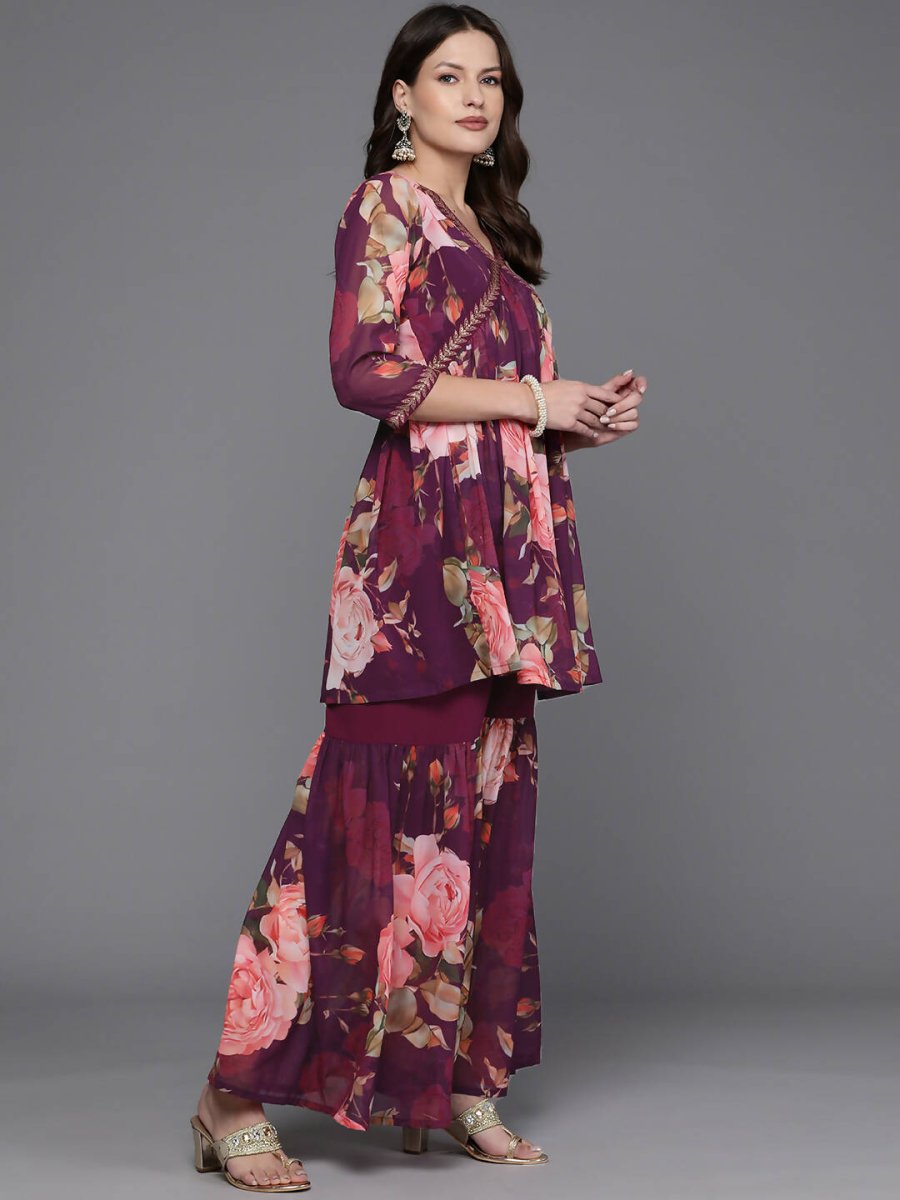 Ahalyaa Women Floral Printed Tunic with Sharara - Black Color | Swadesiicart