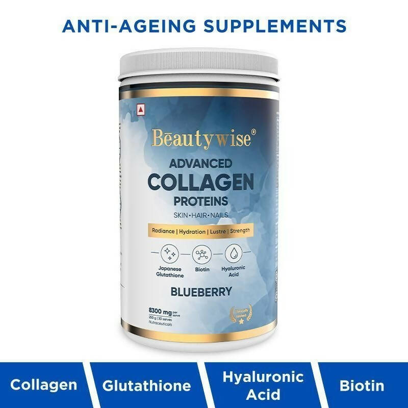 Beautywise Advanced Marine Collagen Anti-Aging Powder - Glutathione, HA & Biotin - Blueberry | Swadesiicart