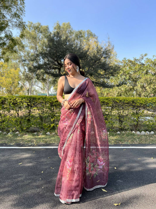 Vamsee Sia Maroon Organza Saree - Swadesiicart
