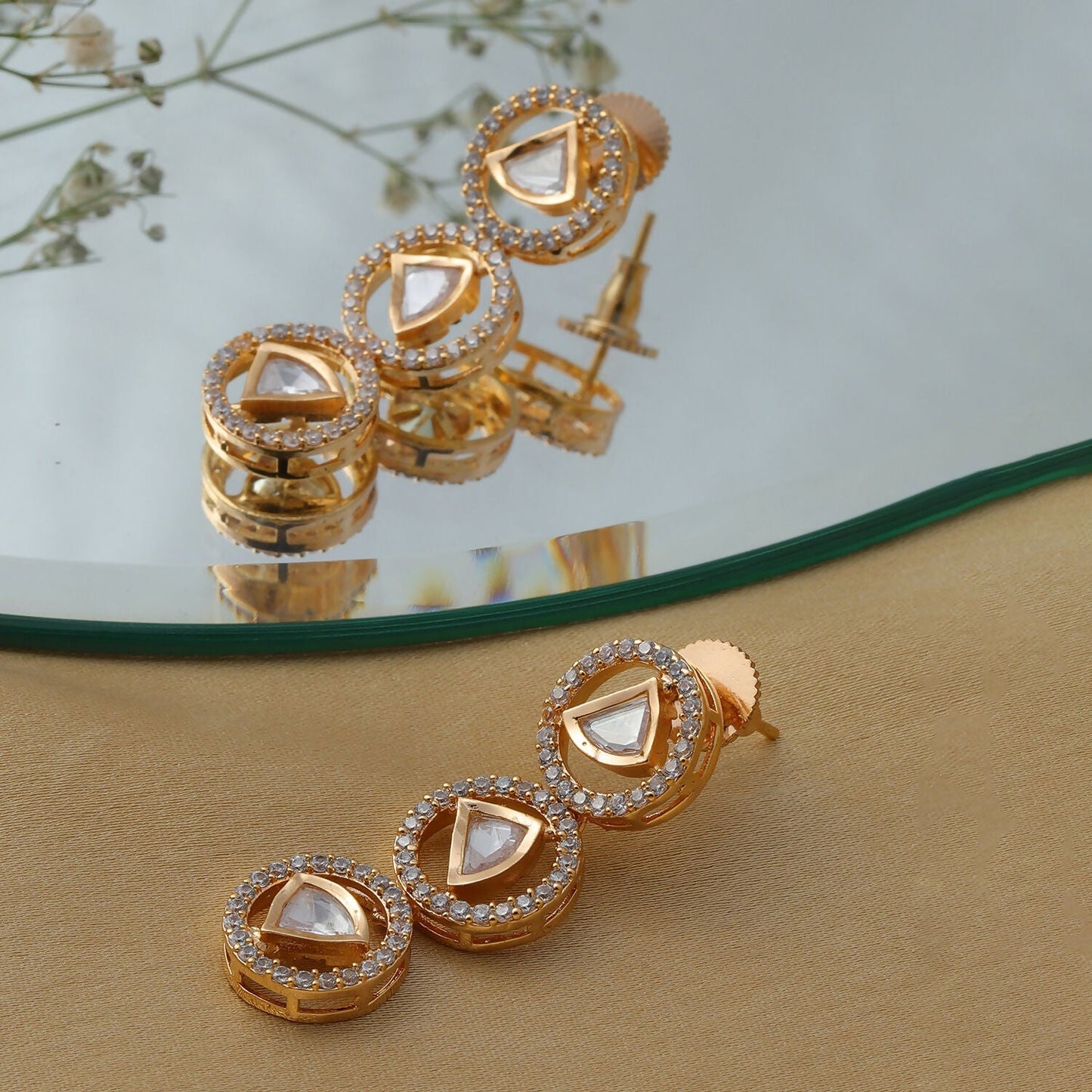 3 Tier Round Diamond and Kundan Earrings (Gold) - Ruby Raang - Swadesiicart