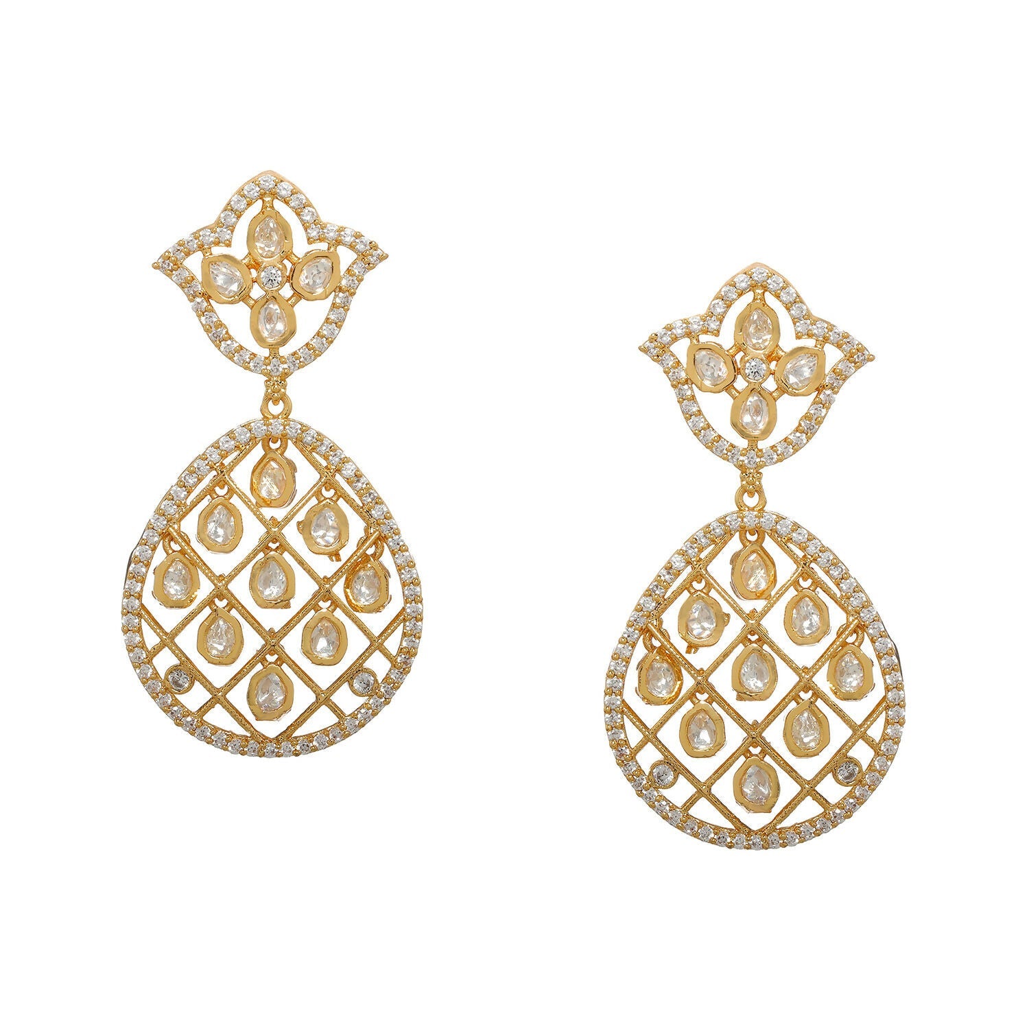 Jhallar Kundan and Diamond Dangler Earrings (Gold) - Ruby Raang - Swadesiicart