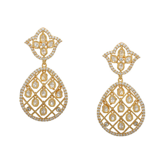 Jhallar Kundan and Diamond Dangler Earrings (Gold) - Ruby Raang - Swadesiicart