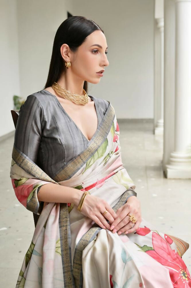 Vishnu Weaves Women's Grey Satin Silk Printed Saree with Blouse - Swadesiicart
