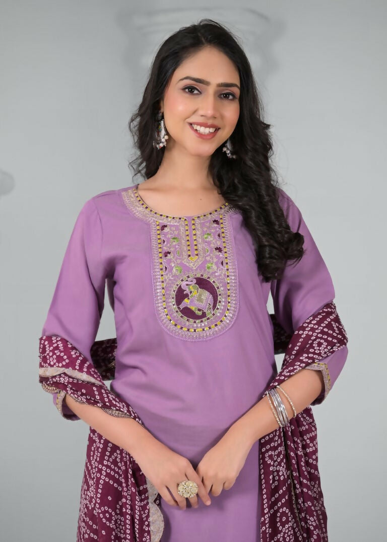 Ethnic Festive Wear Rayon Wine Stitched Suit With Dupatta - Tanisha | Swadesiicart