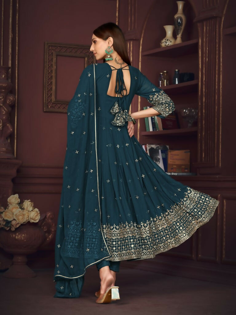 Jyoti Fashion Women's Rama Georgette Embroidered Anarkali Kurta Pant Set With Dupatta | Swadesiicart