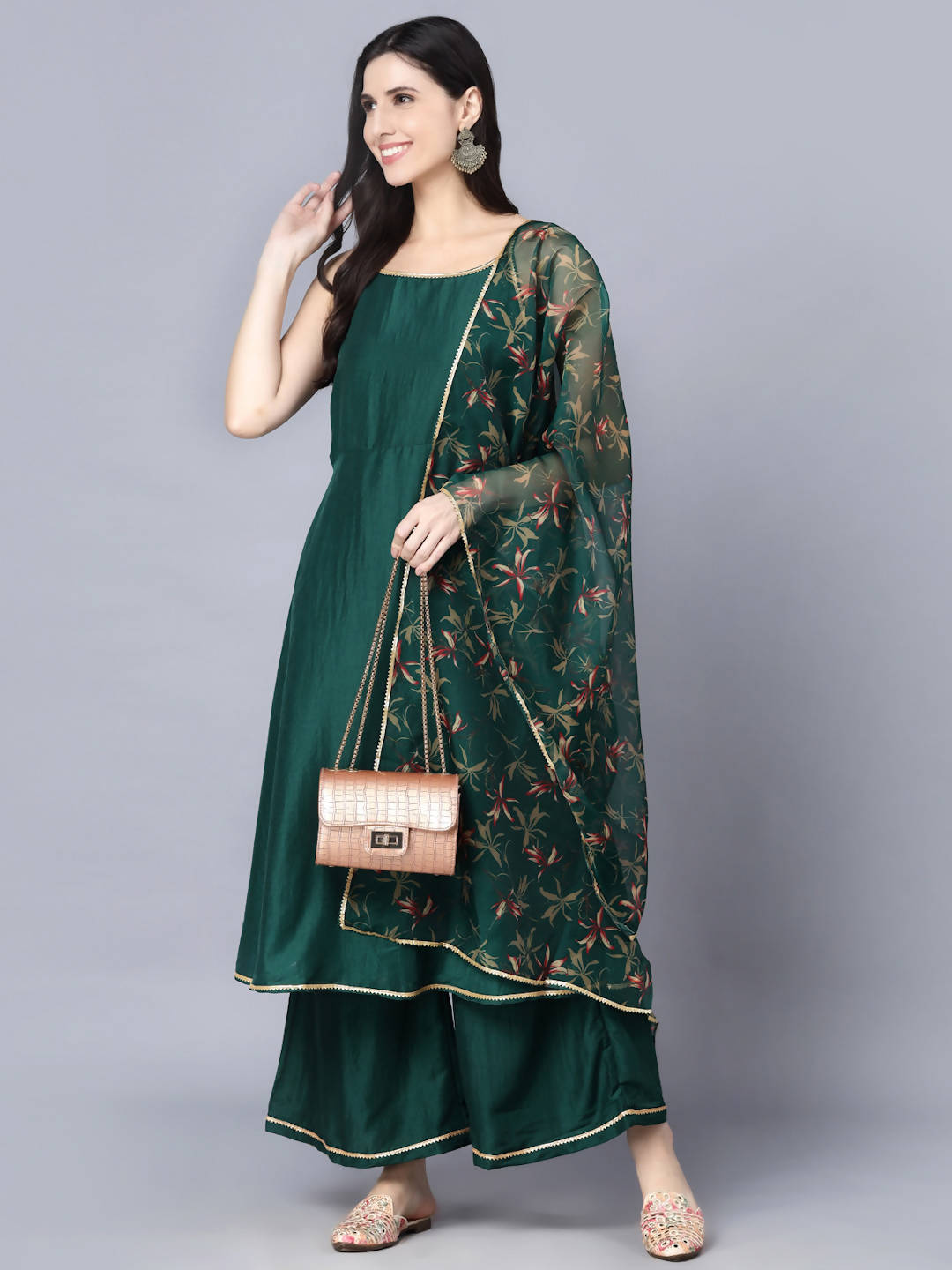 Myshka Women Green Ethnic Motifs Yoke Design Panelled Kurti with Sharara With Dupatta | Swadesiicart