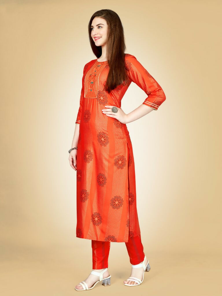 Jyoti Fashion Women's Orange Viscose Rayon Embroidered Kurta Pant Set | Swadesiicart