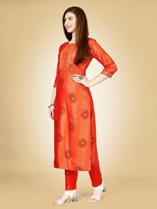 Jyoti Fashion Women's Orange Viscose Rayon Embroidered Kurta Pant Set