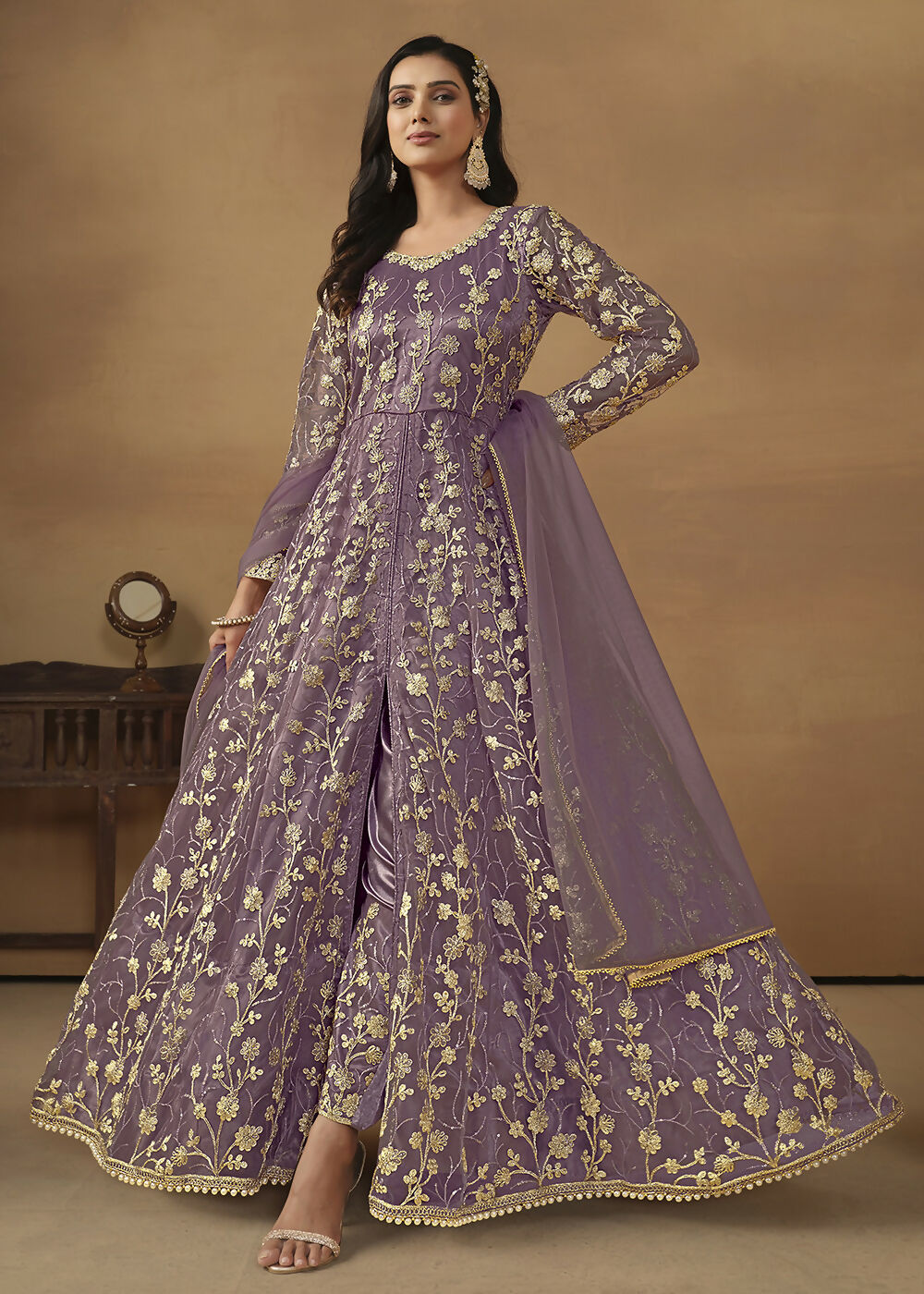 Pant Style Purple Embroidered Net Wedding Anarkali Suit - Emponline | Swadesiicart