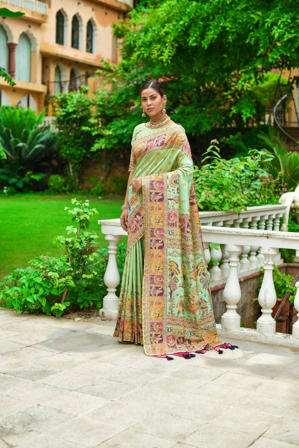 Vishnu Weaves Women's Pista Banarasi Silk Kashmiri Woven Saree with Blouse - Swadesiicart