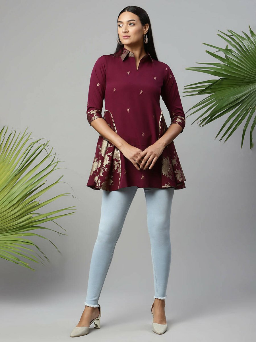 Ahalyaa Women Wine Crepe Printed Tunic | Swadesiicart