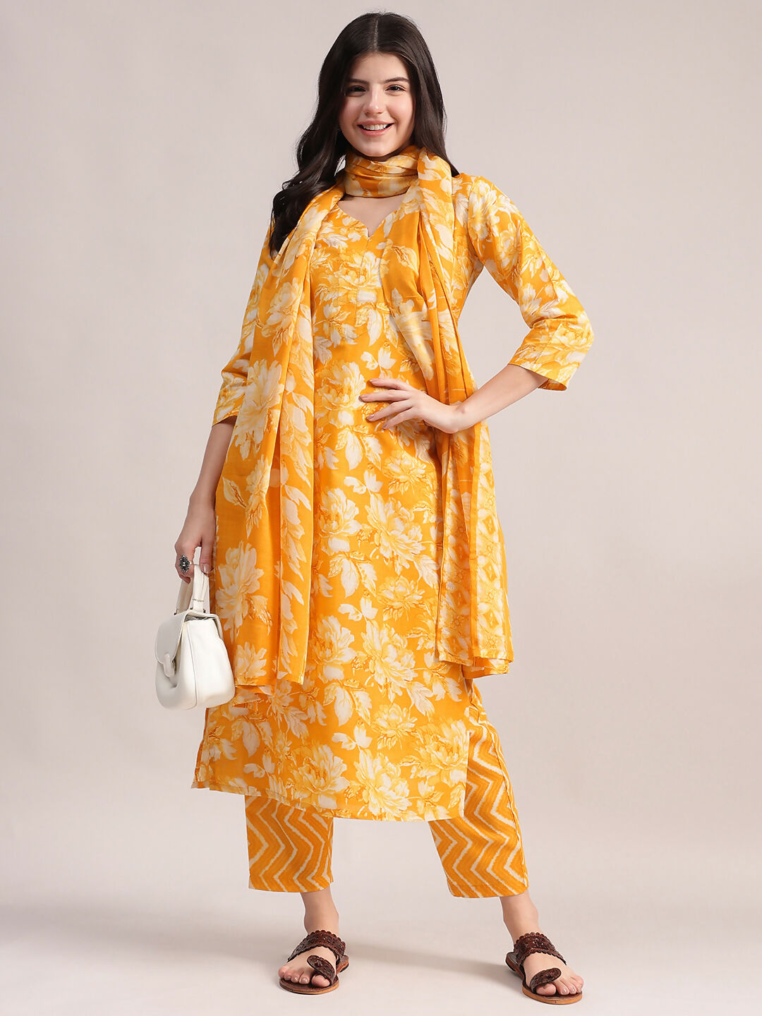 Aavyora Women Mustard Yellow Floral Printed Kurta with Chevron Printed Pants & Dupatta Set - Swadesiicart