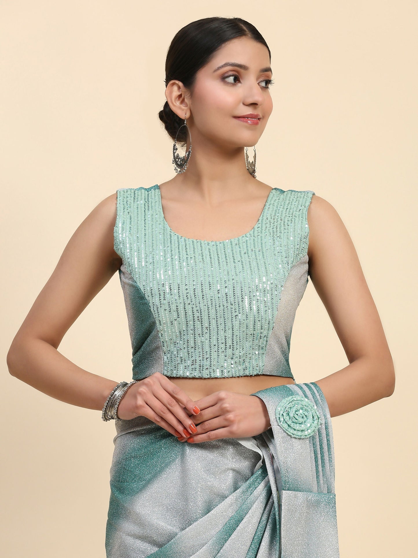 Sea Green Polyester Solid Ready to Wear Saree with stitched Blouse - Aayan | Swadesiicart