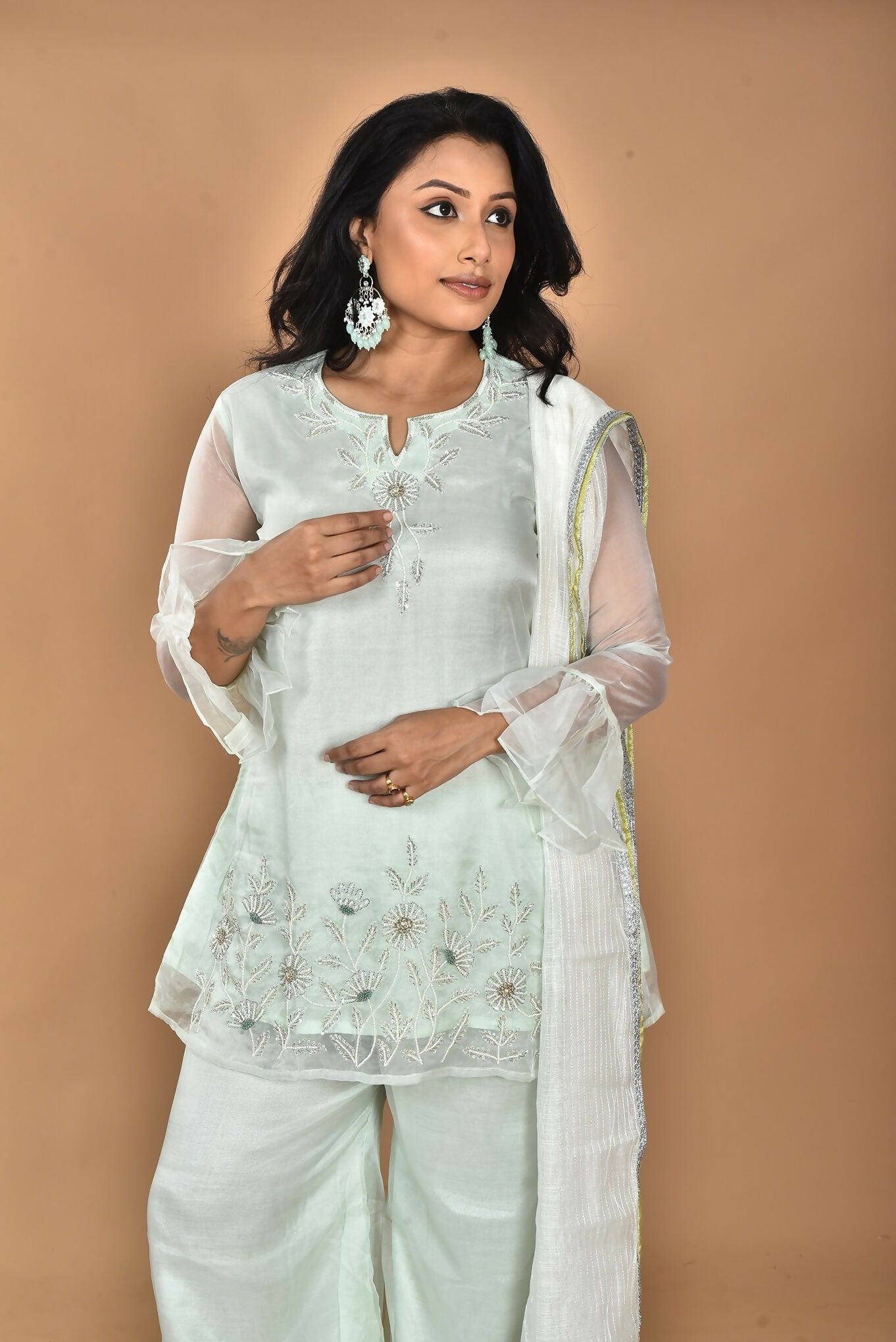 Morchari Women And Hand Embroidery Palazzo Set-Green - Swadesiicart
