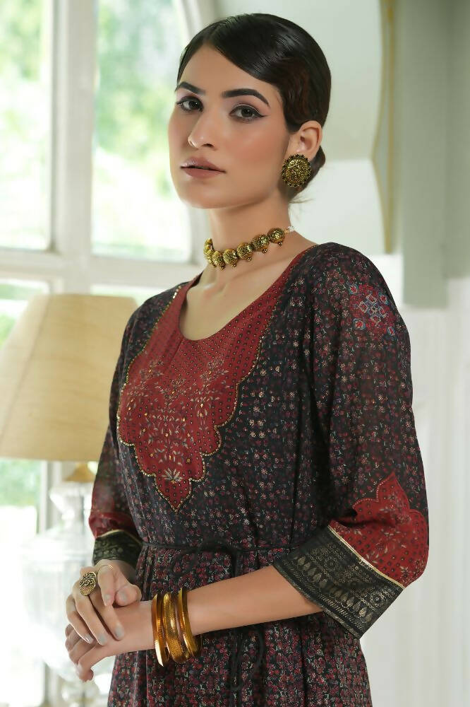 Juniper Black Georgette Festive Printed Anarkali Flared Anarkali Kurta For Women | Swadesiicart