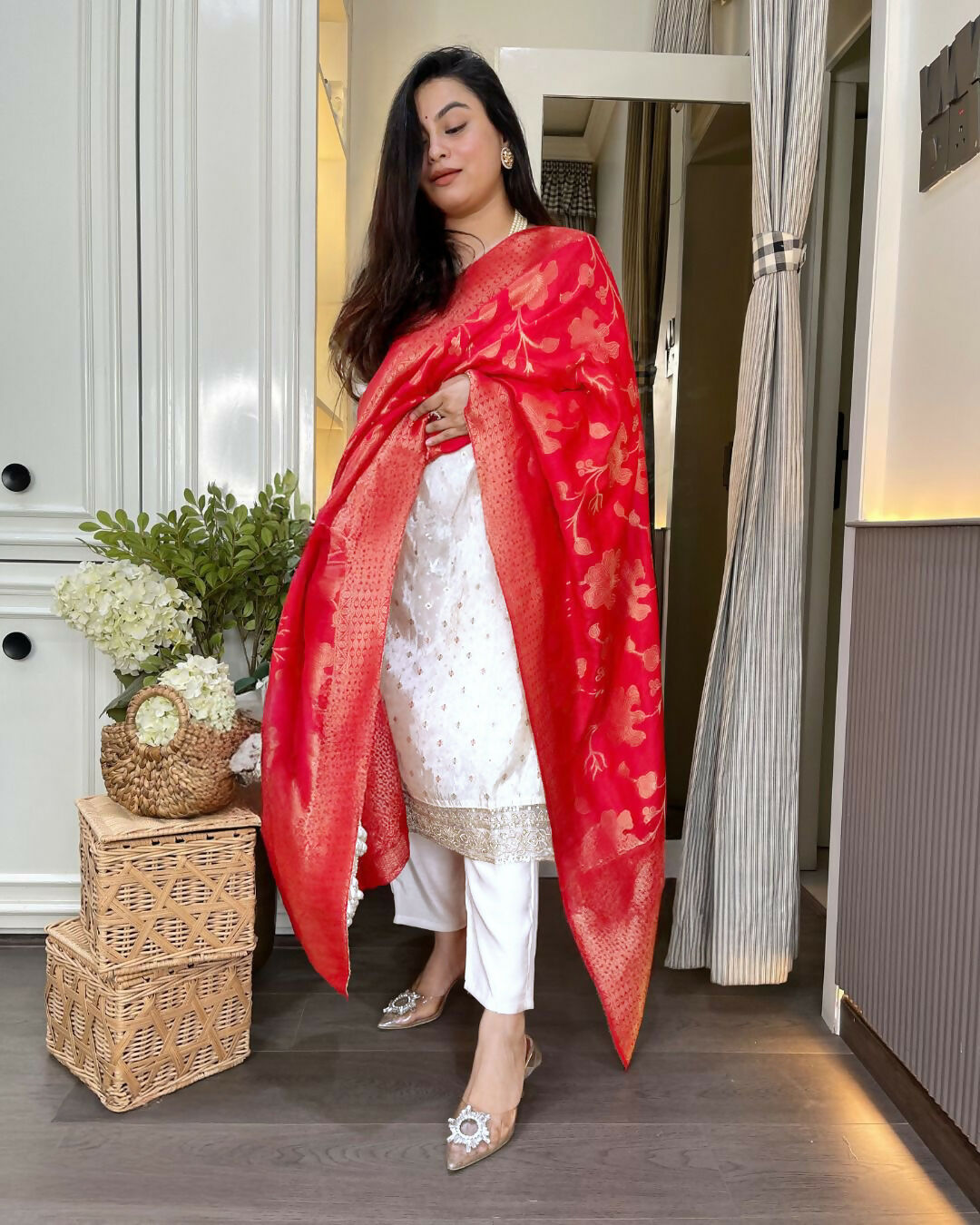 The52 White Women's Beautiful Chanderi Jacquard Fabric Embroidered Work Straight Kurta Pant and Dupatta Set - Swadesiicart