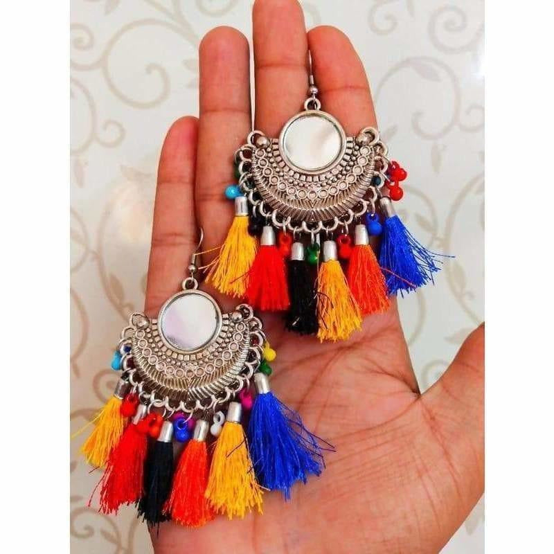 MS Fashion India Multi Color Silk Threads Hangings With Mirror Half Moon Chandbali Earrings | Swadesiicart