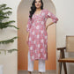 Vaasva Women Nude Pink Cotton Printed Straight Kurti With Pant - Swadesiicart