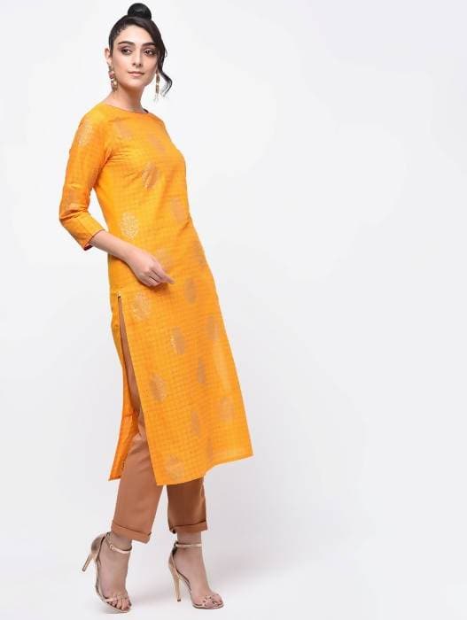 Aniyah Cotton Block Printed Yellow Straight Kurta (AN-137K) - Swadesiicart