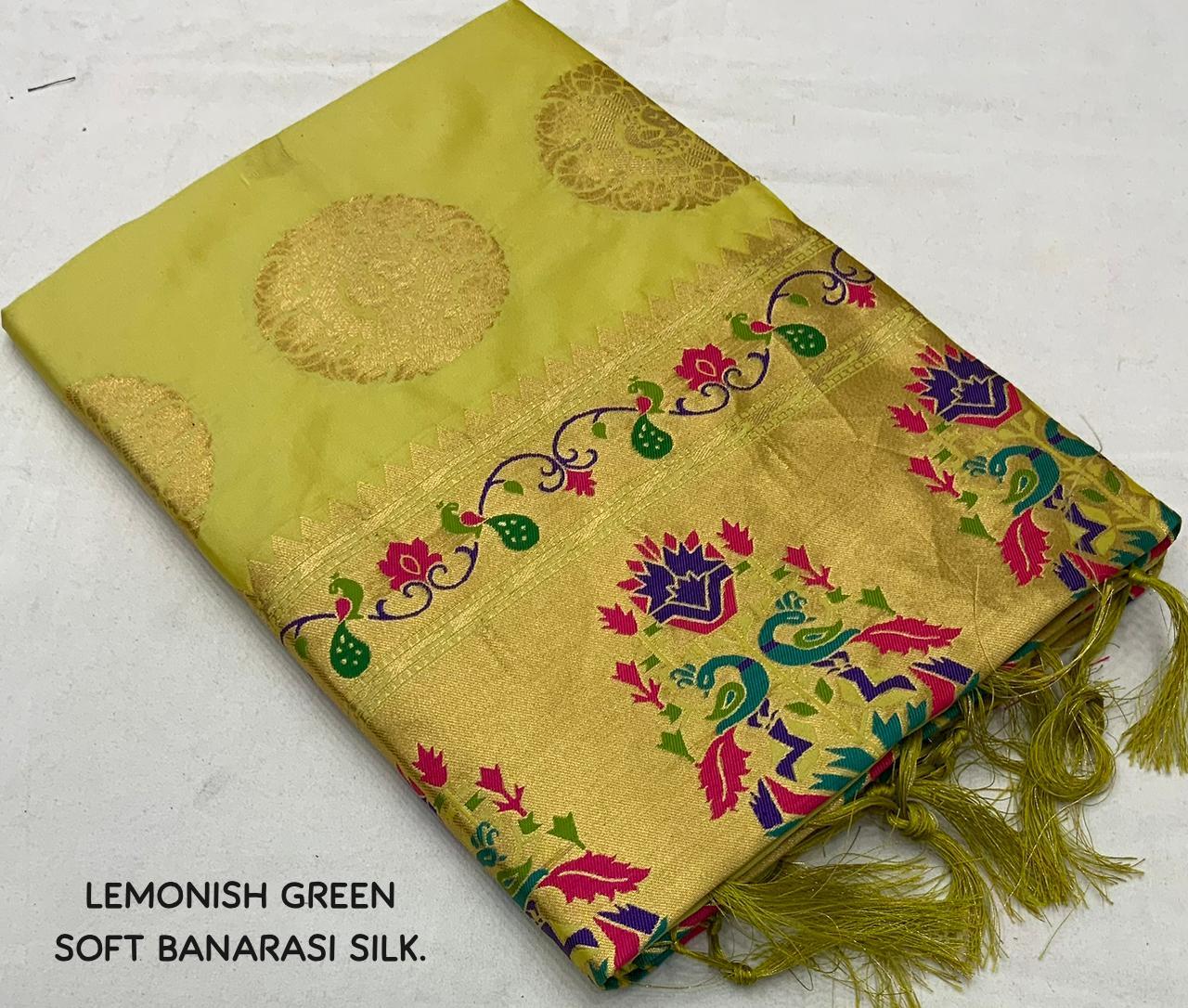 Lemon Green Pure Silk Woven Design Saree with Unstitched Blouse - Hiral Fashion | Swadesiicart