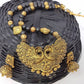 Terracotta Long Necklace Set With Peacock Pendant With Temple Jhumkas-Black And Gold