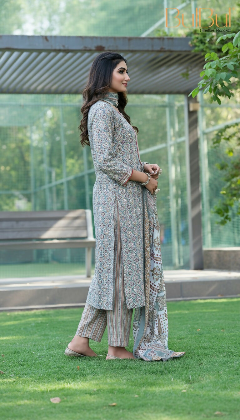 BulBul Fashionista Cotton Grey Kurta Set with Dupatta - Swadesiicart