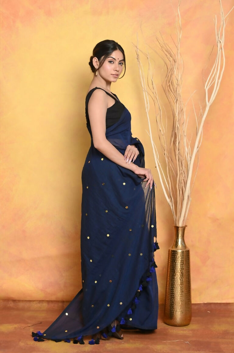 Very Much Indian Pure Mul Cotton Handloom Saree - Dark Blue | Swadesiicart