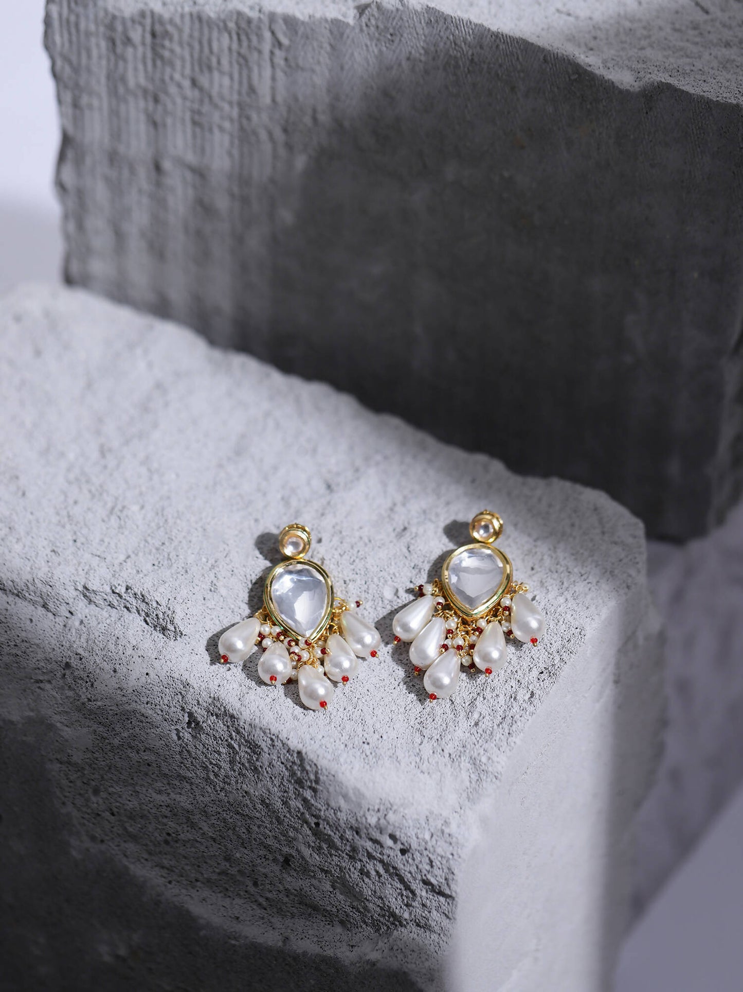 Gold-Toned White Kundan Contemporary Gold-Polished Drop Earrings - Ruby Raang - Swadesiicart