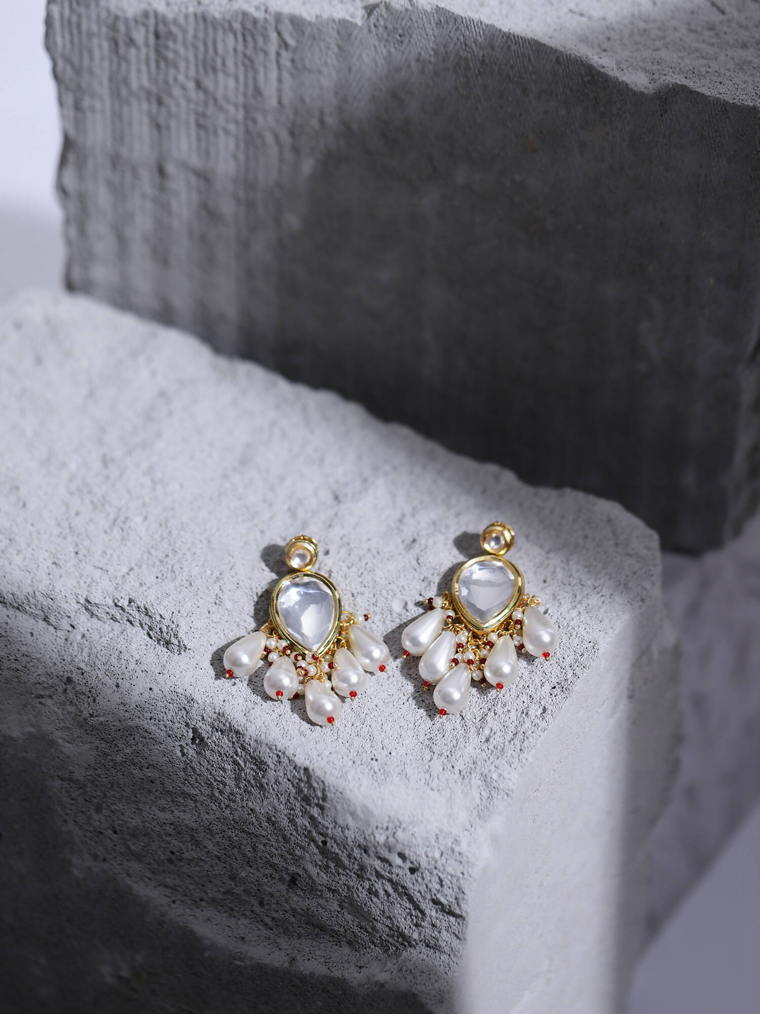 Gold-Toned White Kundan Contemporary Gold-Polished Drop Earrings - Ruby Raang - Swadesiicart