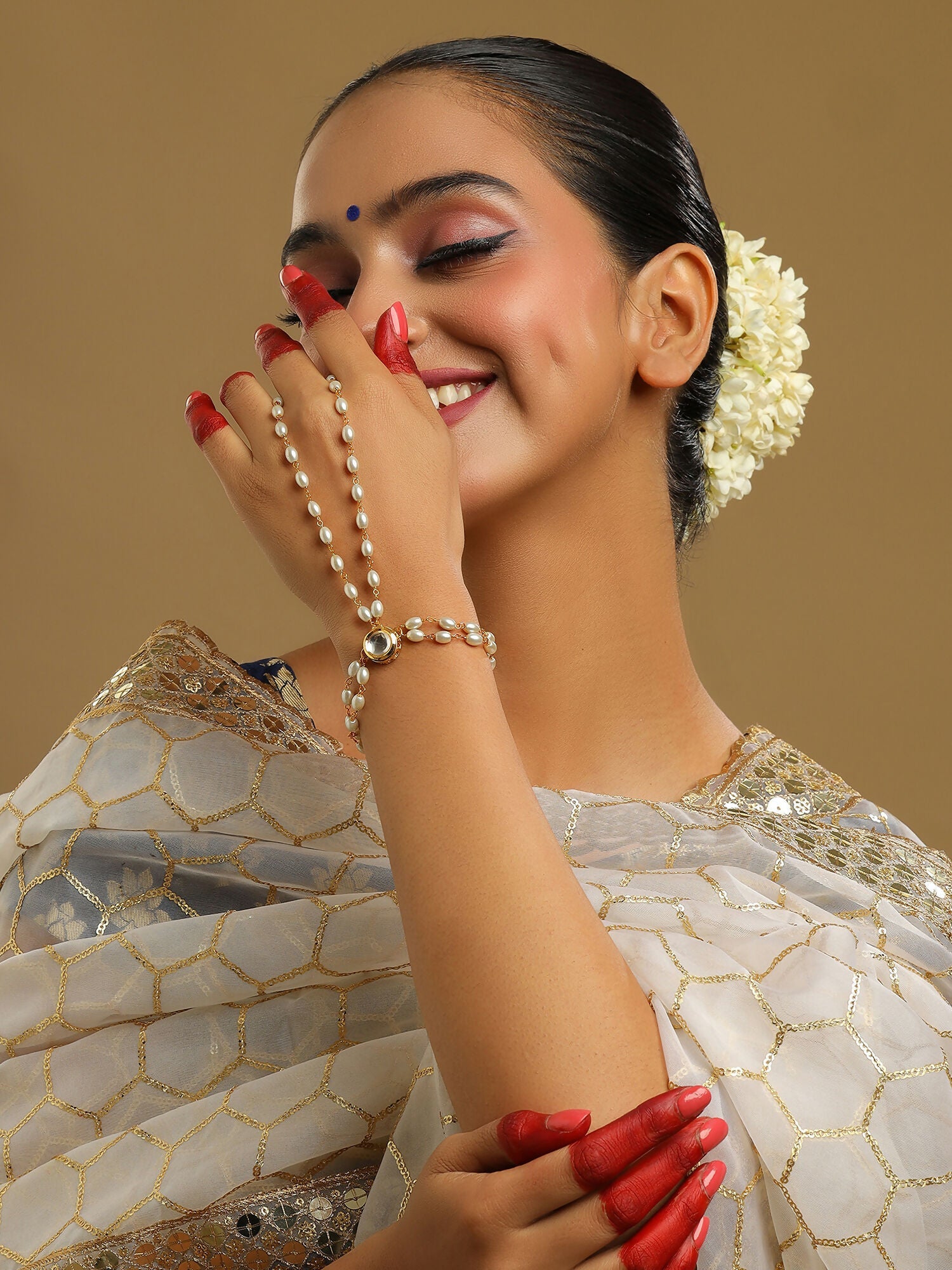 Ruby Raang Gold Kundan & Pearl Haath Phool | Swadesiicart