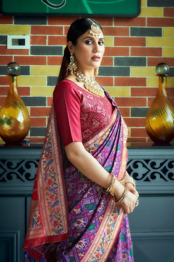 Vishnu Weaves Women's Wine Paithani Patola Silk Zari Woven Saree with Unstitched Blouse - Swadesiicart