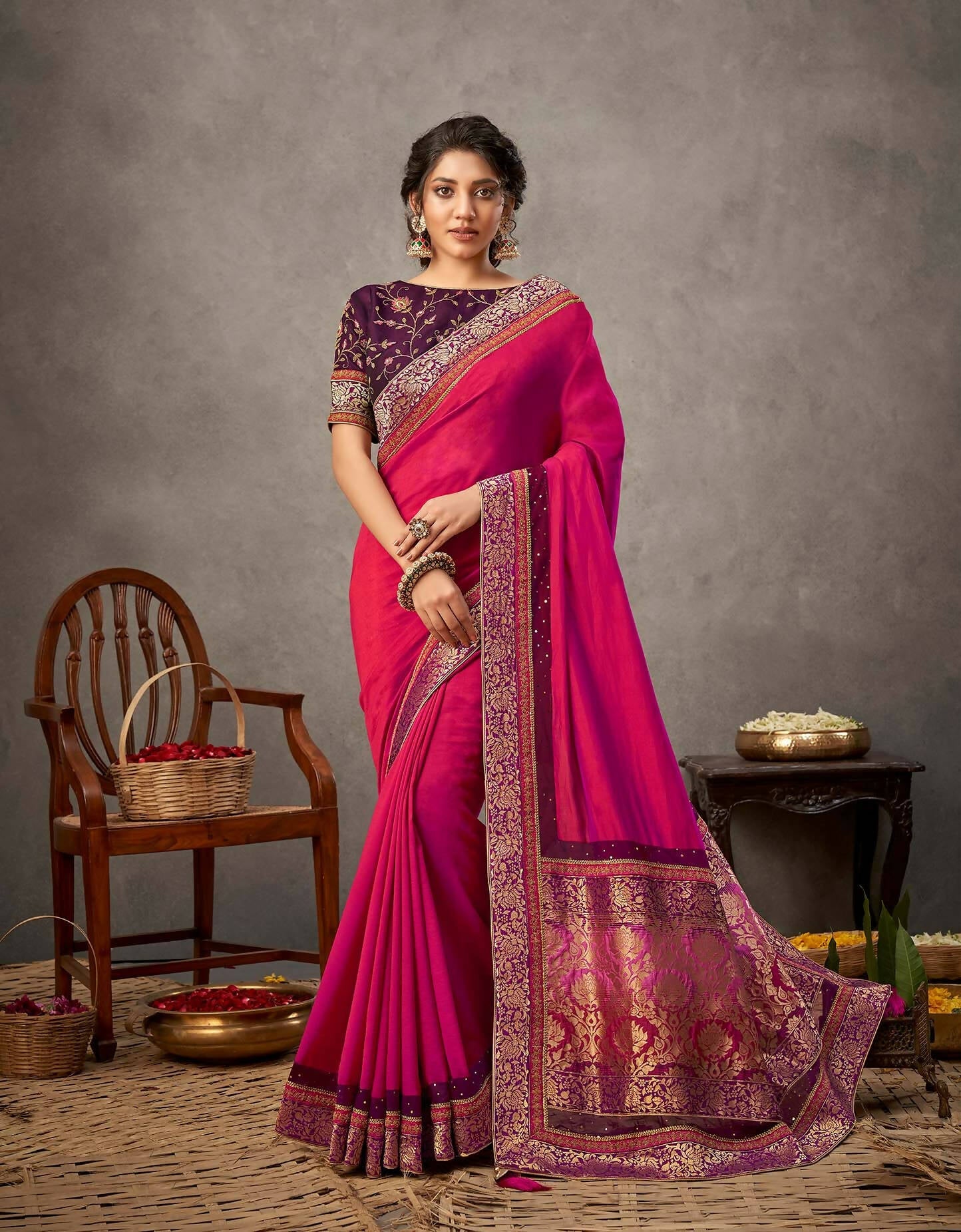 Pinkish-Purple Dual Tone Silk Georgette Thread, Zari And Cord Embroidery, Handwork Butta Saree - Norita Arinya | Swadesiicart