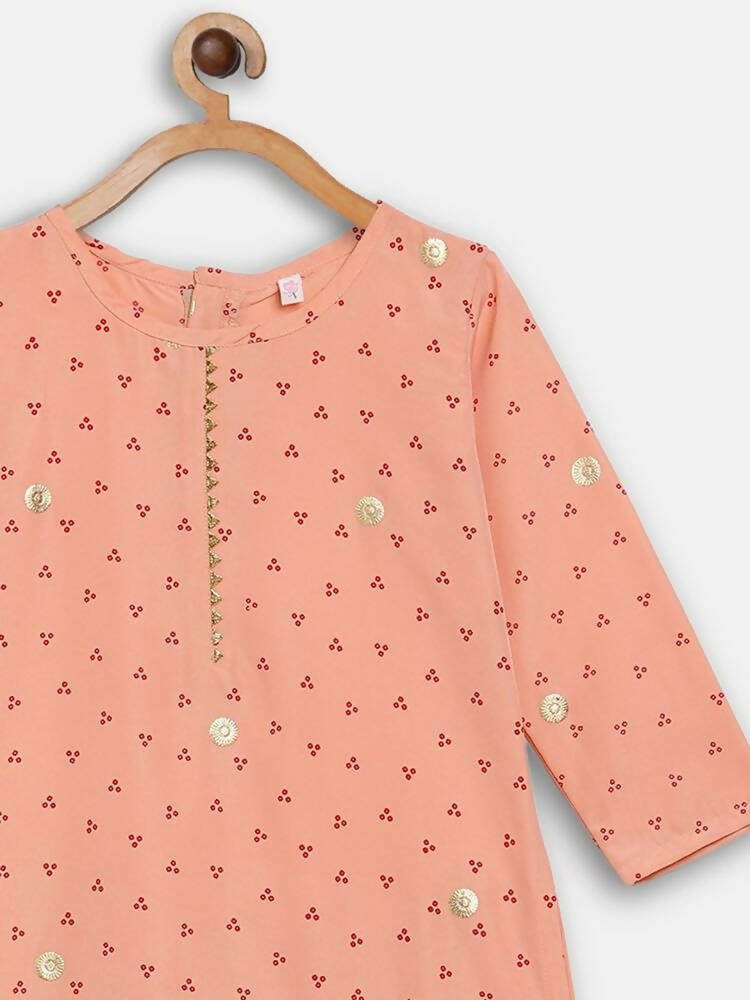Ahalyaa Peach Crepe Gold Printed Kids Kurta Sets With Dupatta For Girls | Swadesiicart