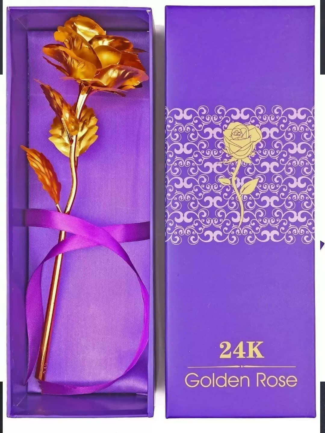 Tied Ribbons Gold-Polished Artificial Rose Flower With Box - Valentine's Day Gifts | Swadesiicart