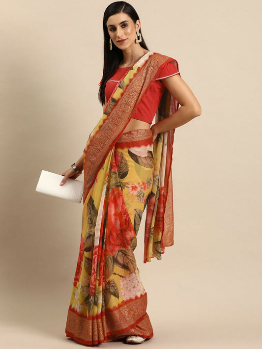 Ahalyaa Women's Traditional Semi Stitch Saree - Yellow | Swadesiicart