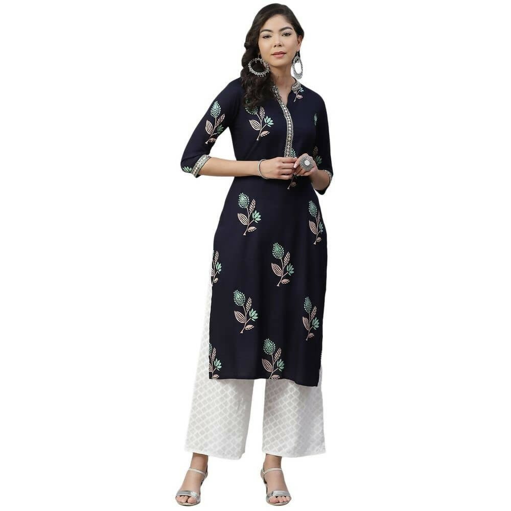 Anubhutee Women's Rayon Embroidered Navy Blue Kurta with Palazzos | Swadesiicart