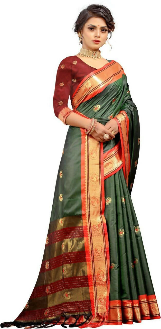 DEIANA'S Beautiful Designer Golden zari Soft Lichi Silk Saree - Green - Swadesiicart