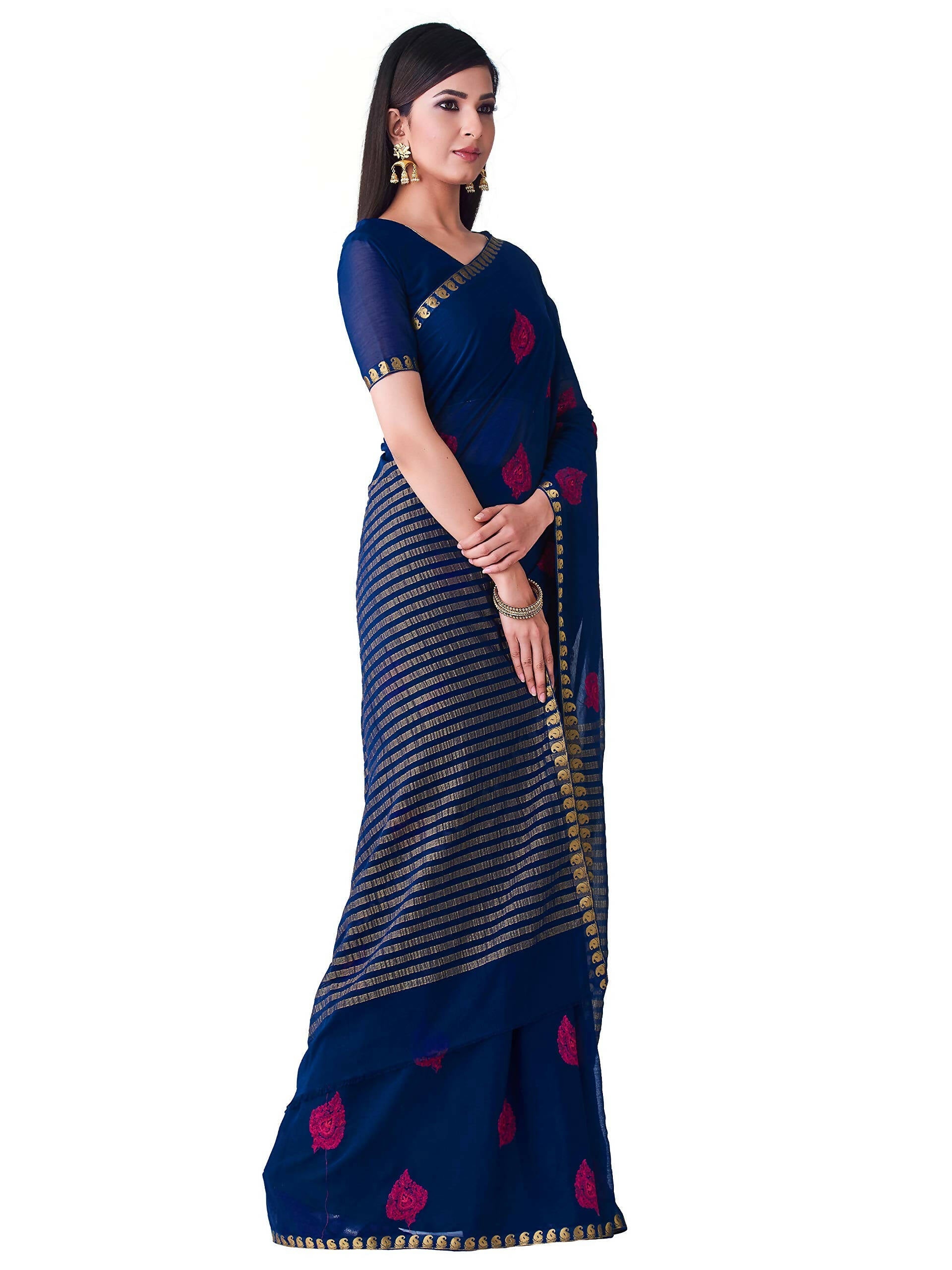 Mimosa Women's Navy Blue Banarasi Chiffon Saree | Swadesiicart