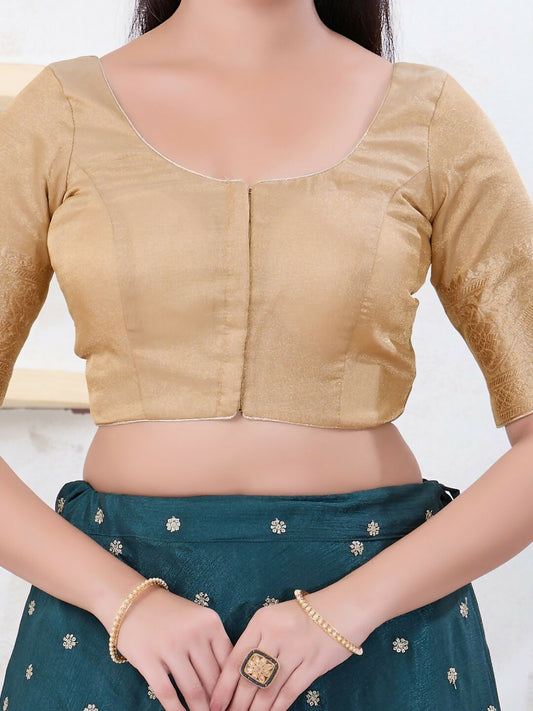 Joban Fashion Light-Gold Brocade Elbow Sleeveless Front Open Blouse - Swadesiicart