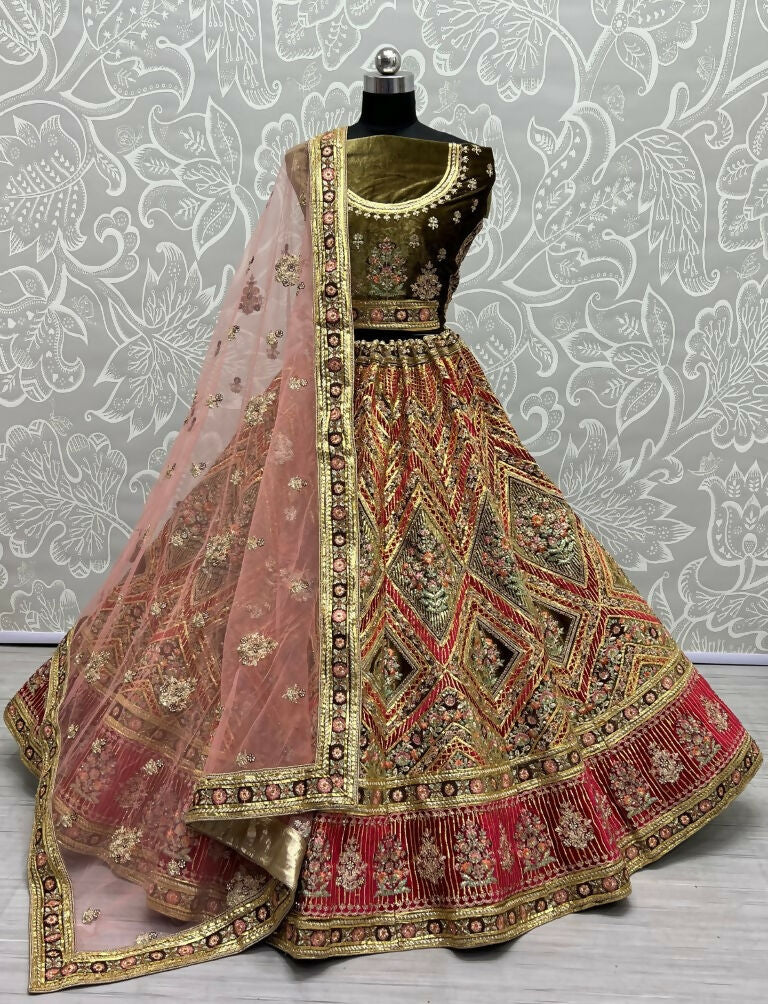 Jyoti Fashion Women's Pista Green Velvet Golden Gotta, Multi Thread Embroidered with Diamond Work Wedding Lehenga Choli | Swadesiicart