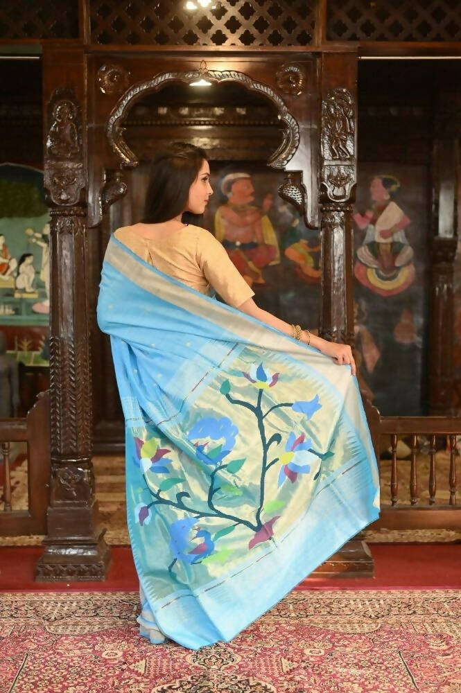 Very Much Indian Handloom Pure Cotton Paithani Peacock Pallu-Sky Blue | Swadesiicart