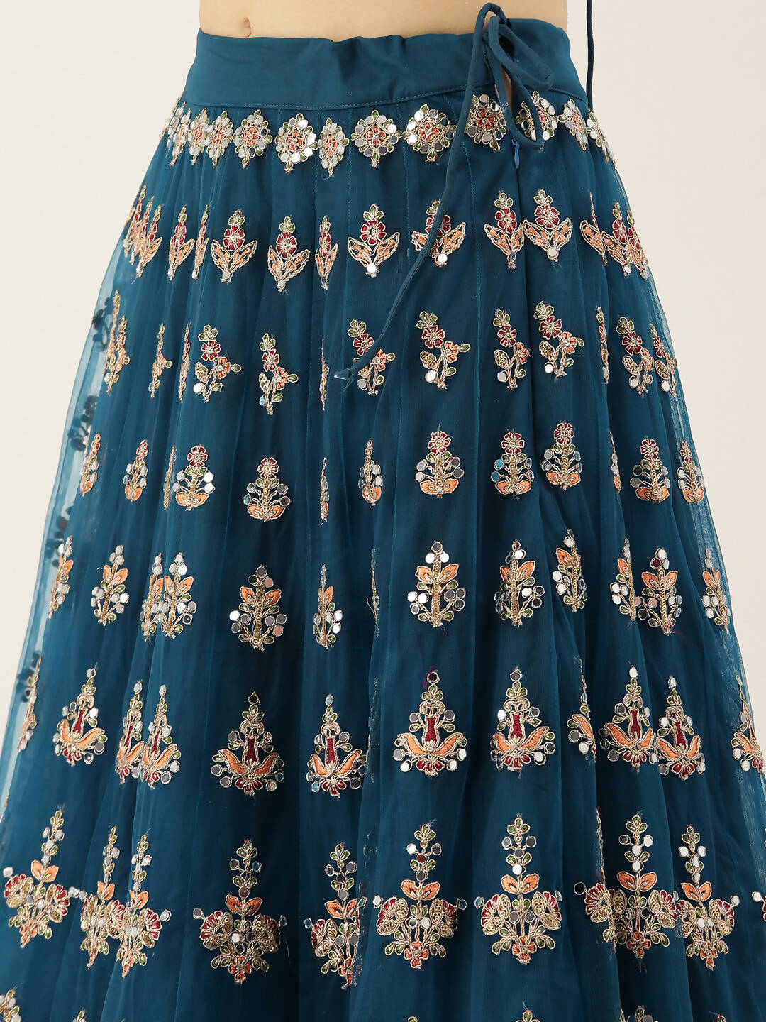 House of Panchhi Teal Net Semi stitched Mirror and Coding Work Lehenga Choli | Swadesiicart