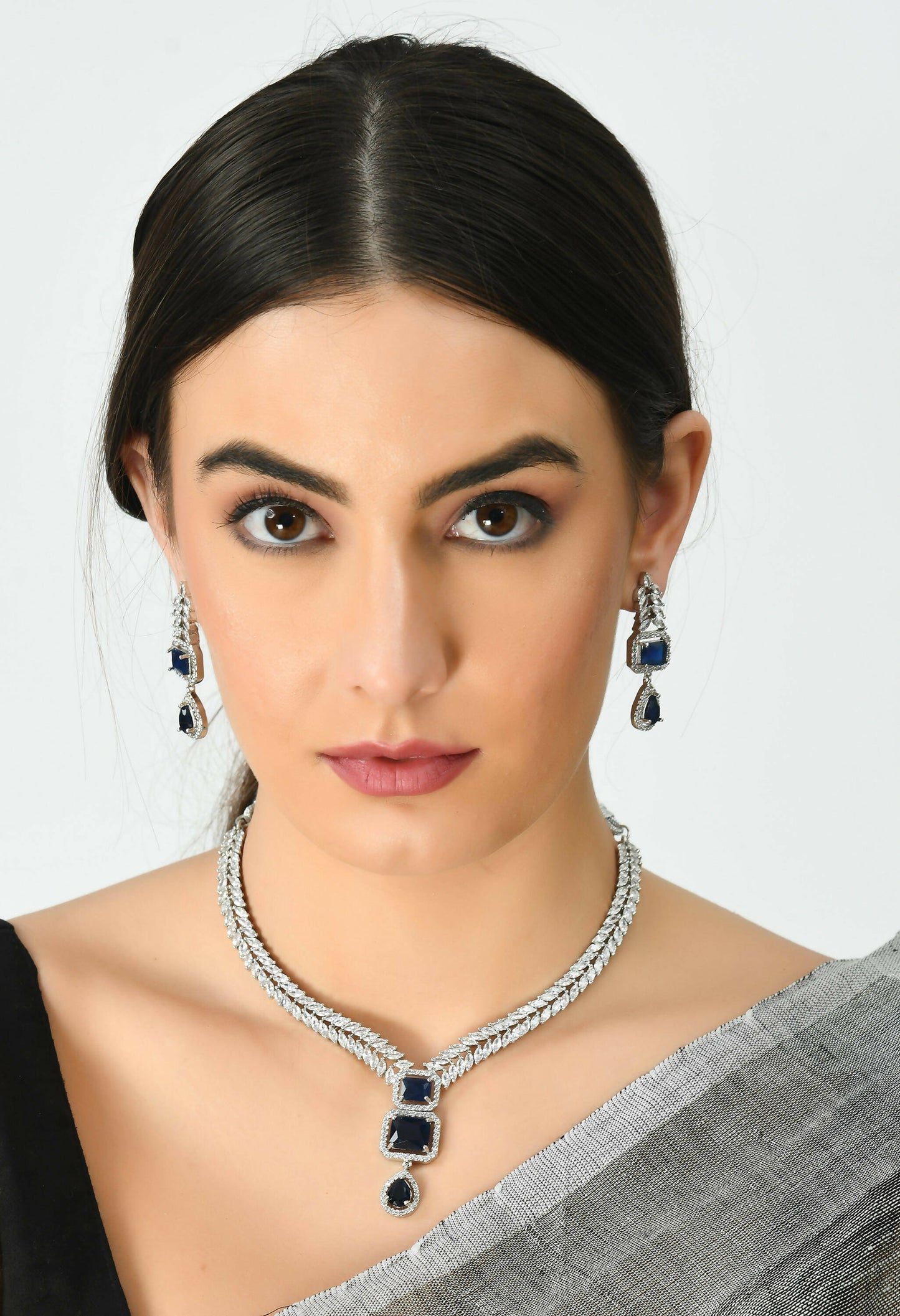 Mominos Fashion Johar Kamal Silver-Plated American Diamond Navy Blue Choker Set | Swadesiicart